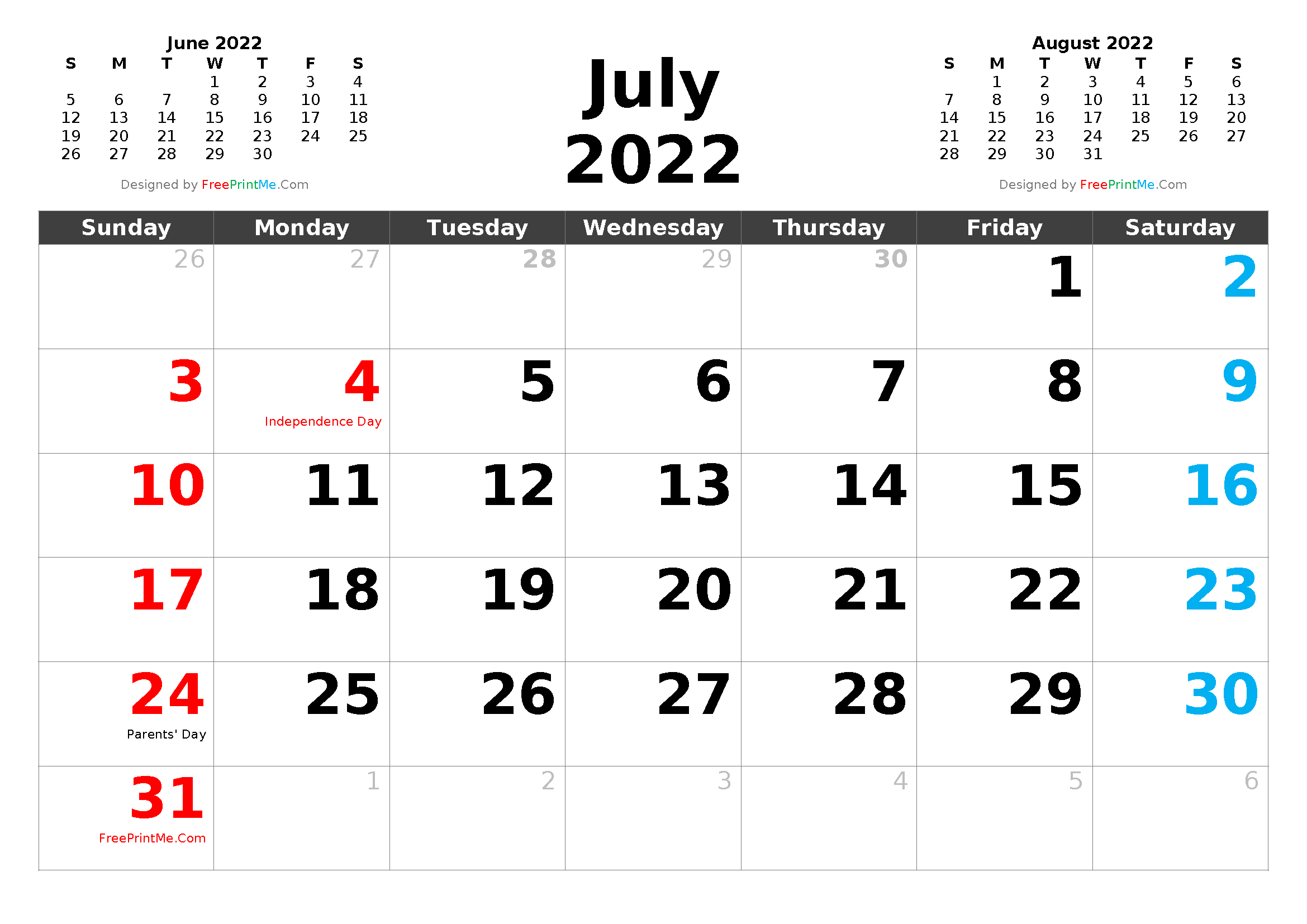 Free Printable July 2022 Calendar Pdf Png Image