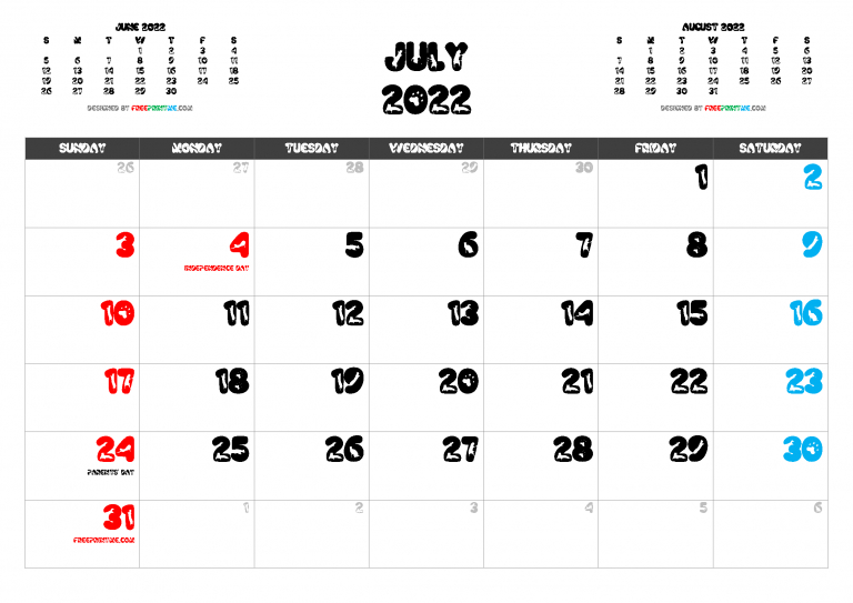 Free Printable July 2022 Calendar Pdf Png Image