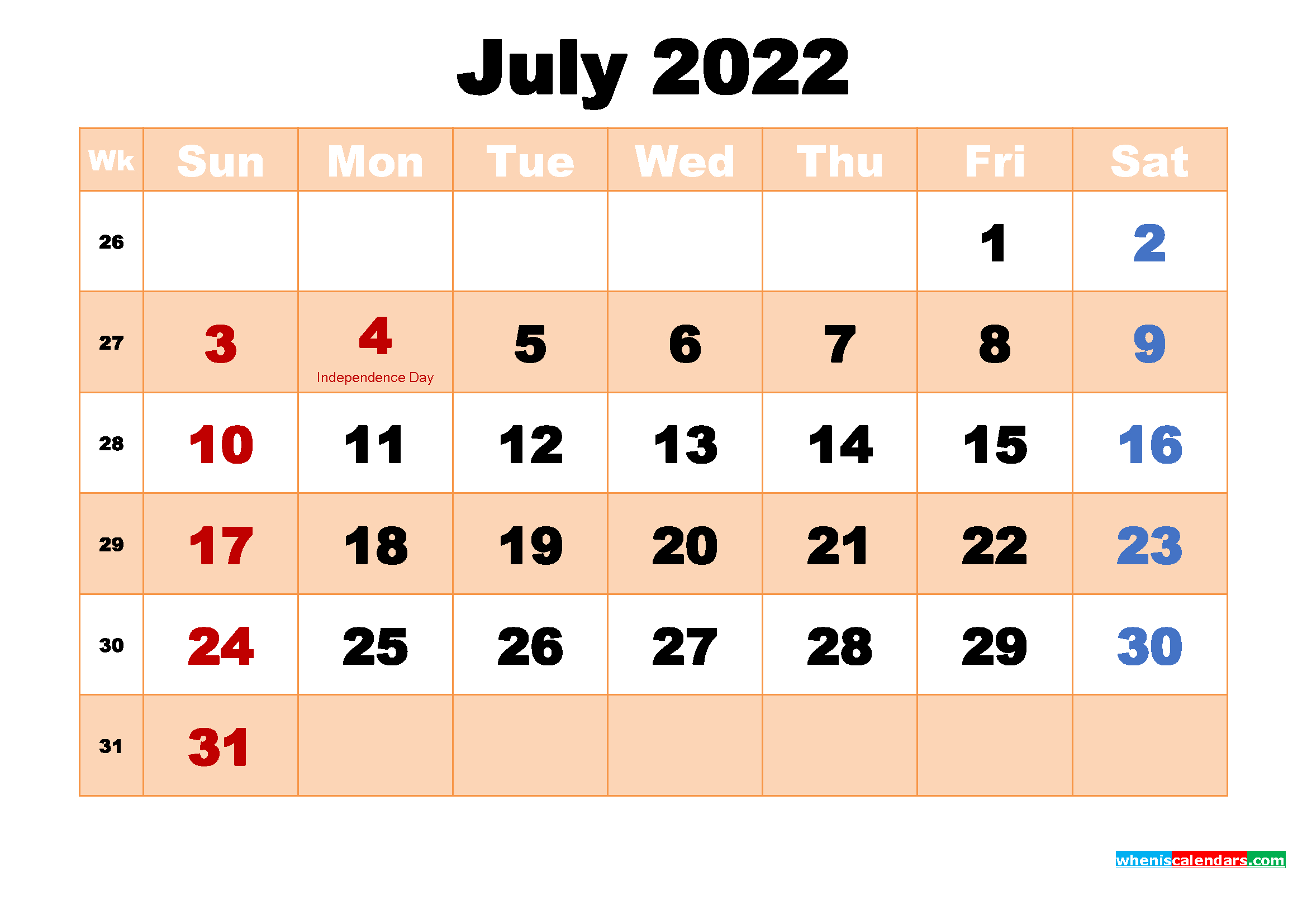 Free Printable July 2022 Calendar With Holidays - Free