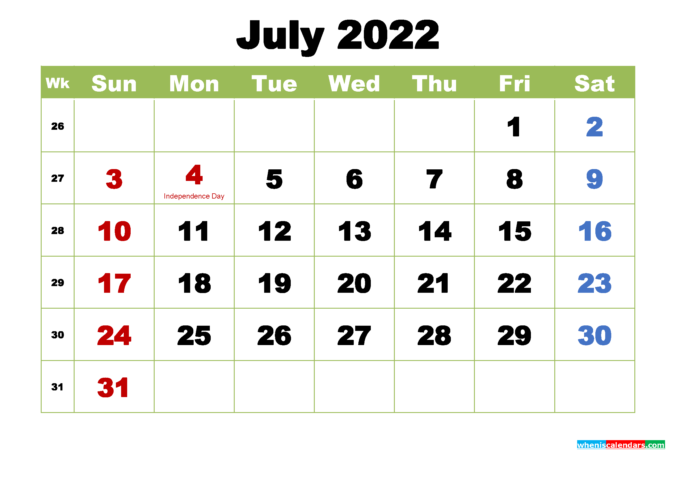 Free Printable July 2022 Calendar With Holidays