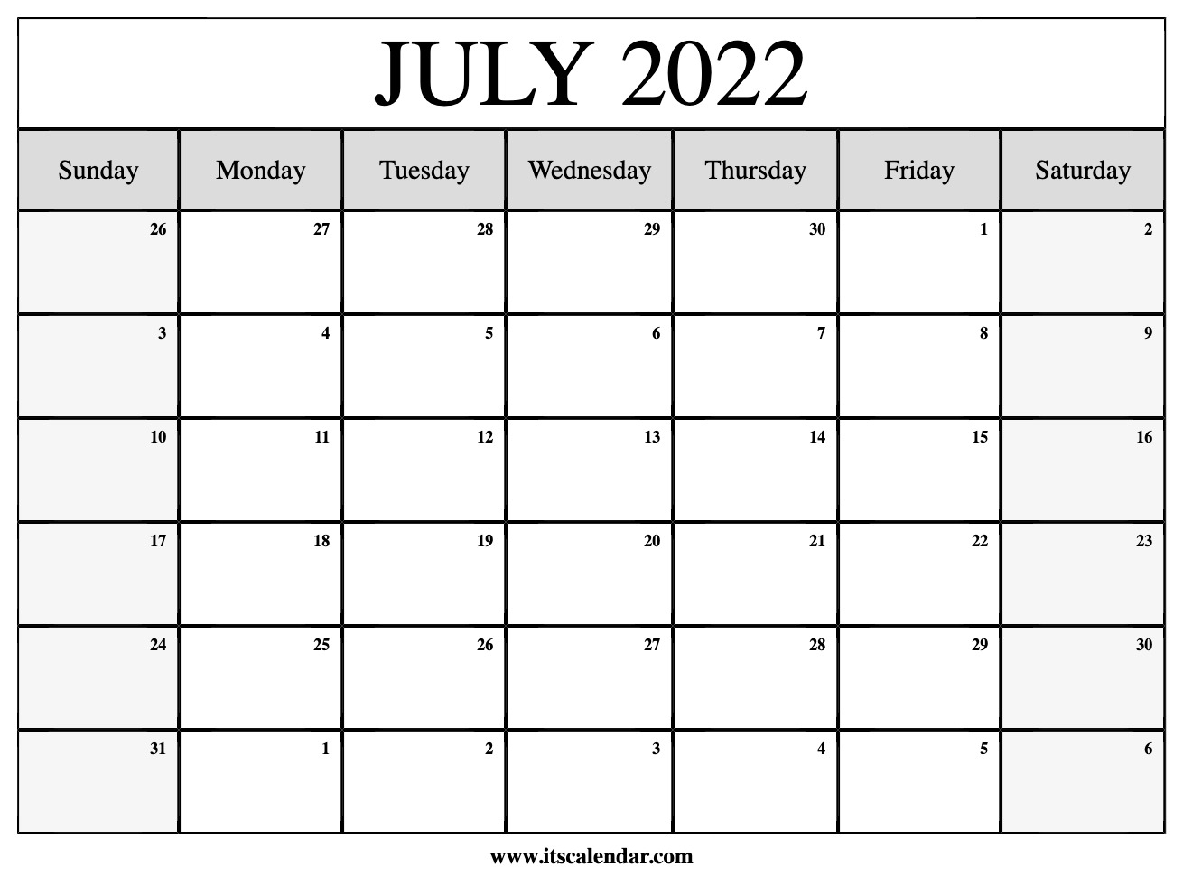 Free Printable July 2022 Calendar