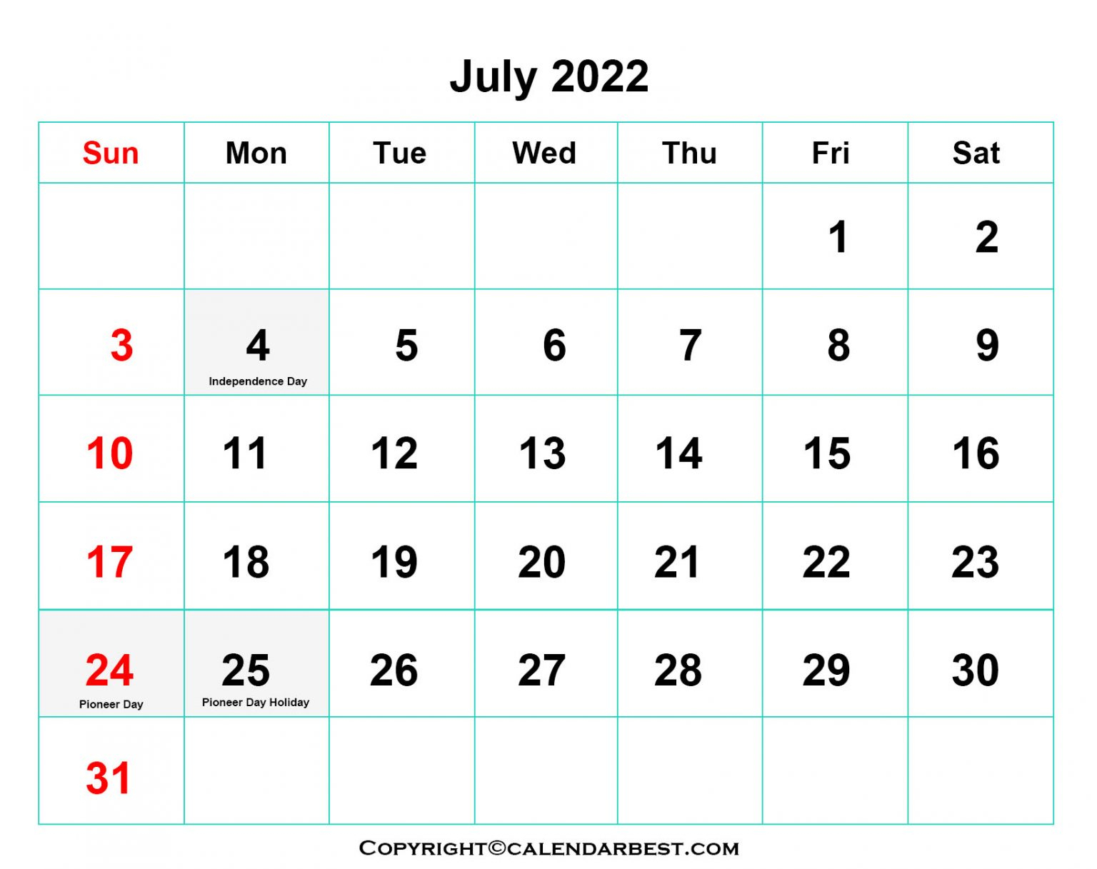 Free Printable July Calendar 2022 With Holidays In Pdf