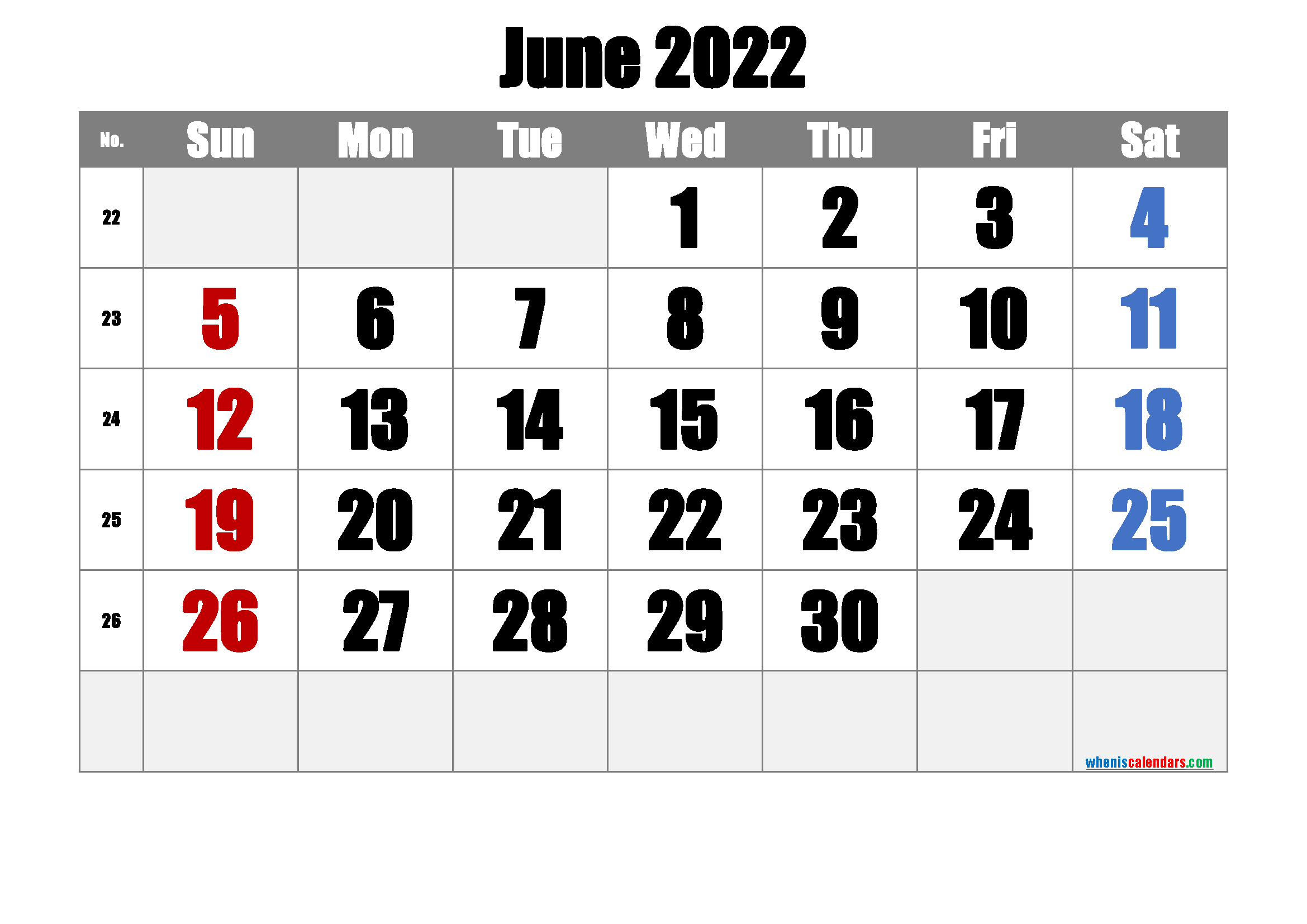 Free Printable June 2022 Calendar With Week Numbers