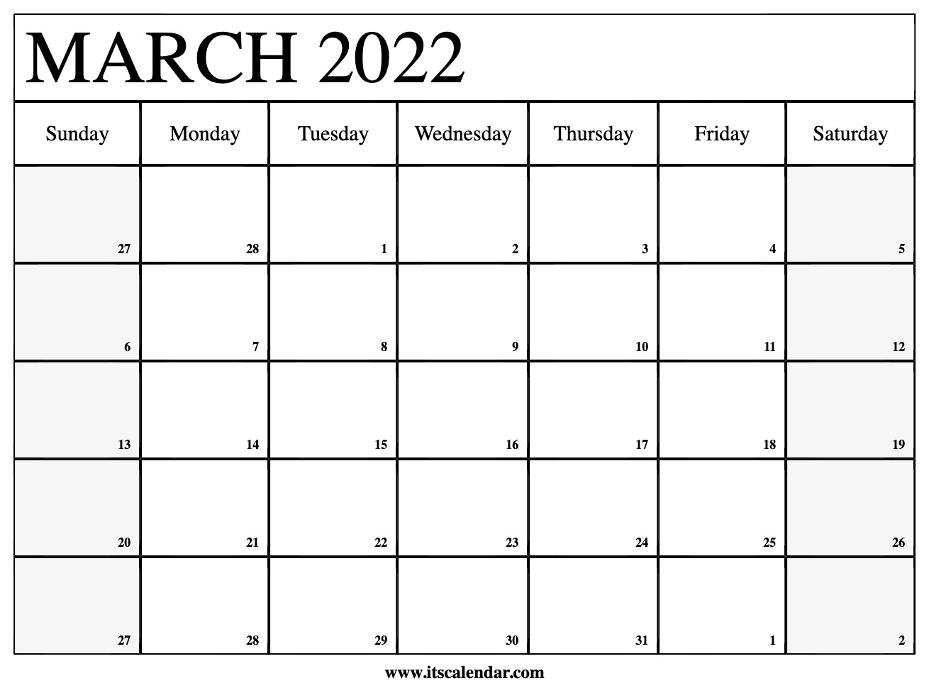 Free Printable March 2022 Calendar