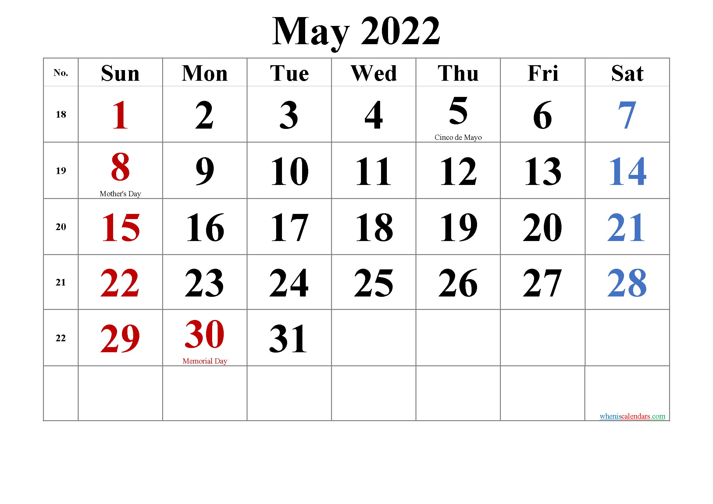 Free Printable May 2022 Calendar