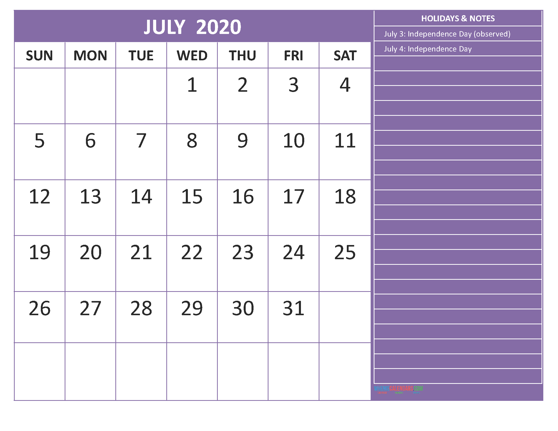 Free Printable Monthly 2020 Calendar With Holidays July