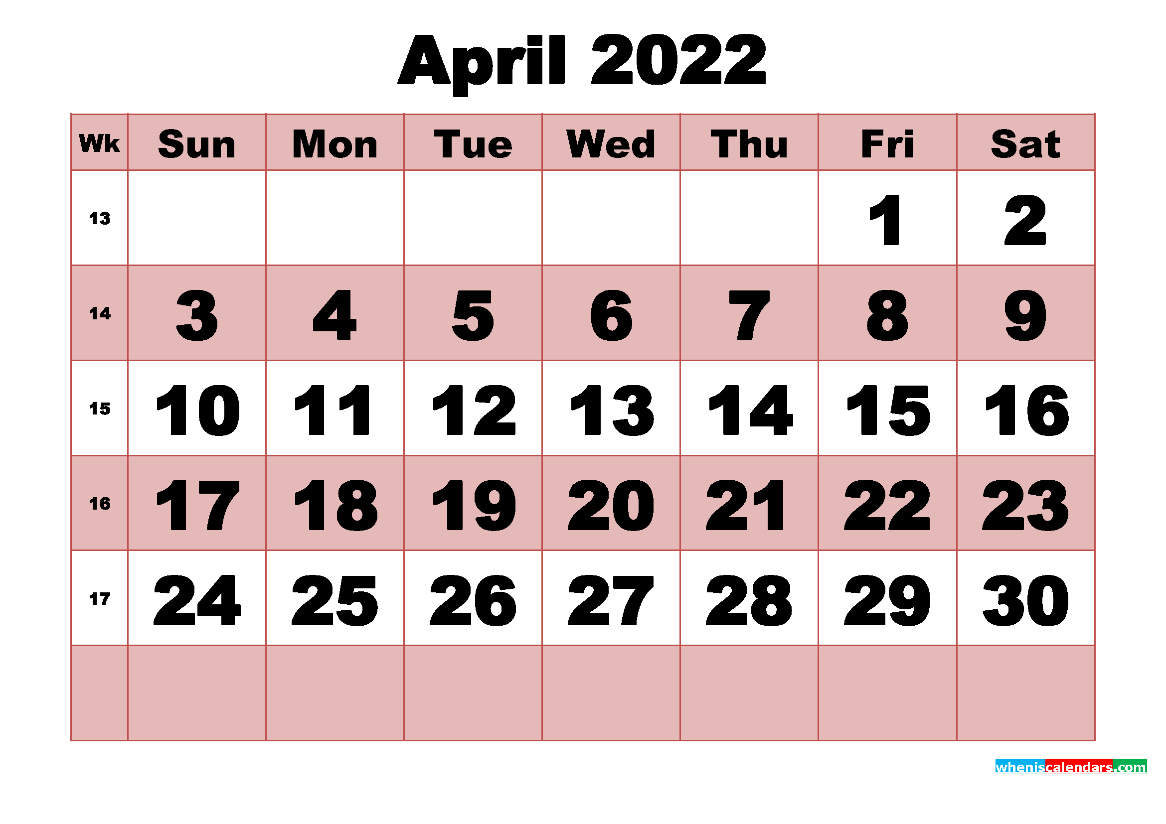 Free Printable Monthly Calendar April 2022