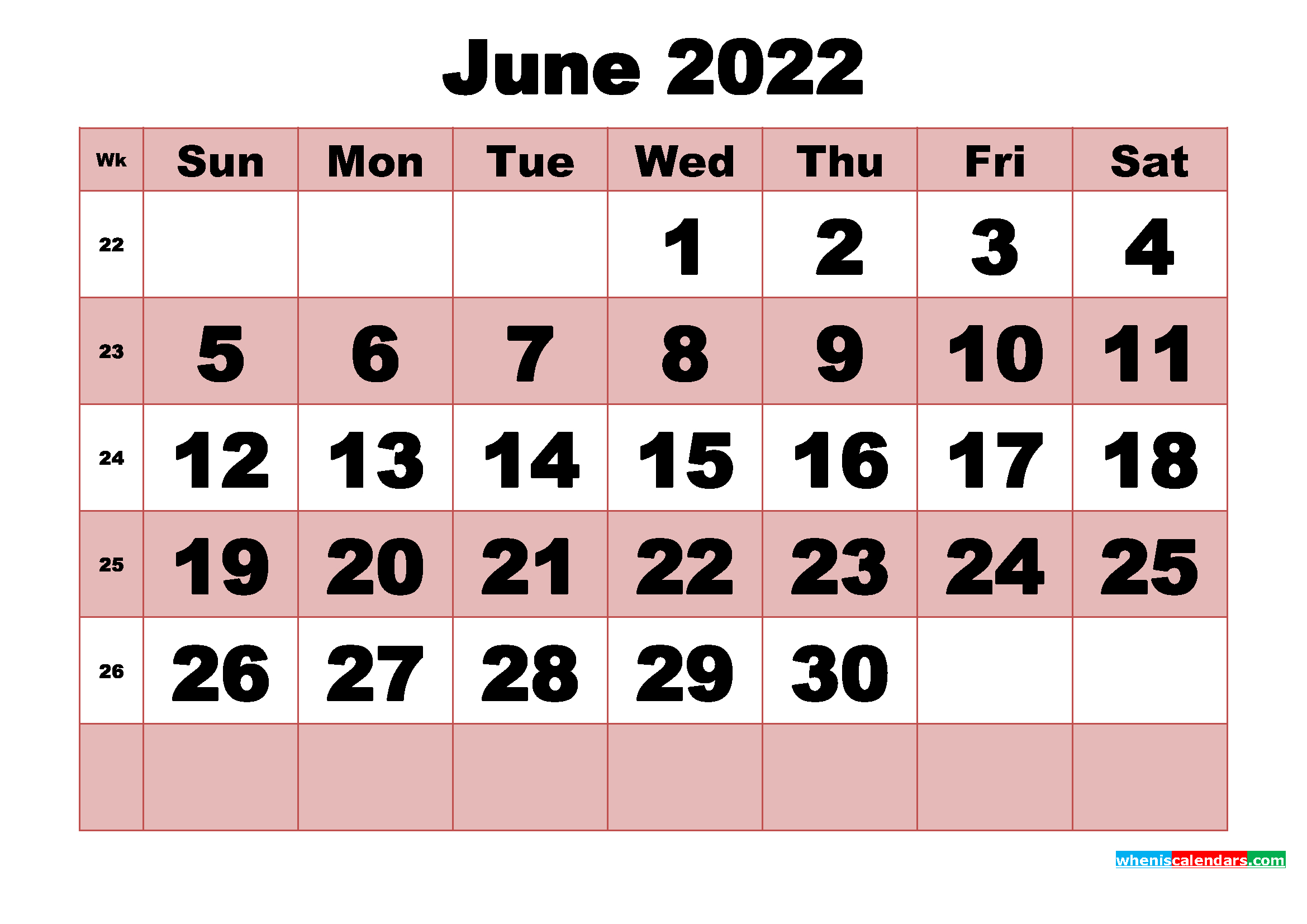 Free Printable Monthly Calendar June 2022