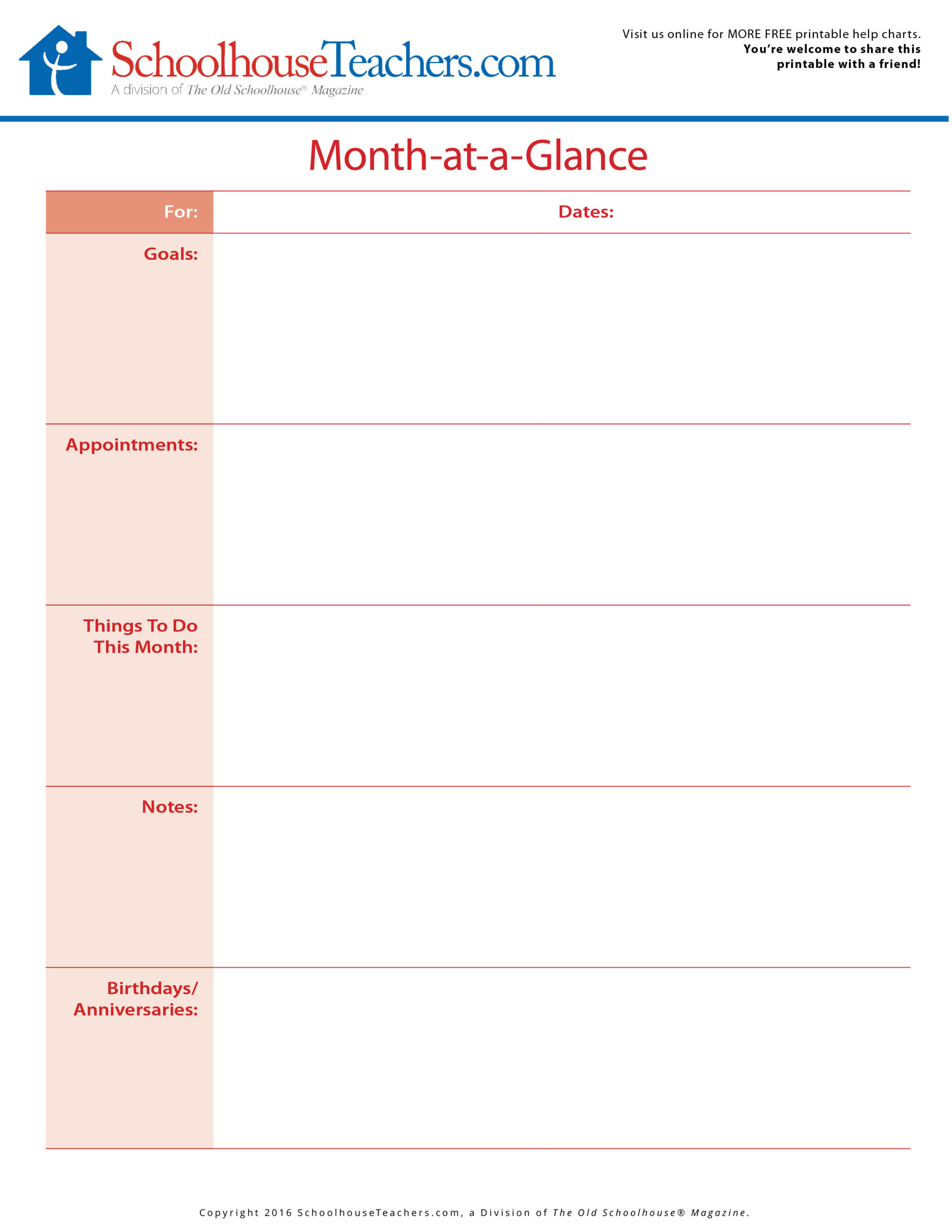 Free Printable Monthly Goals And Month At A Glance Planner