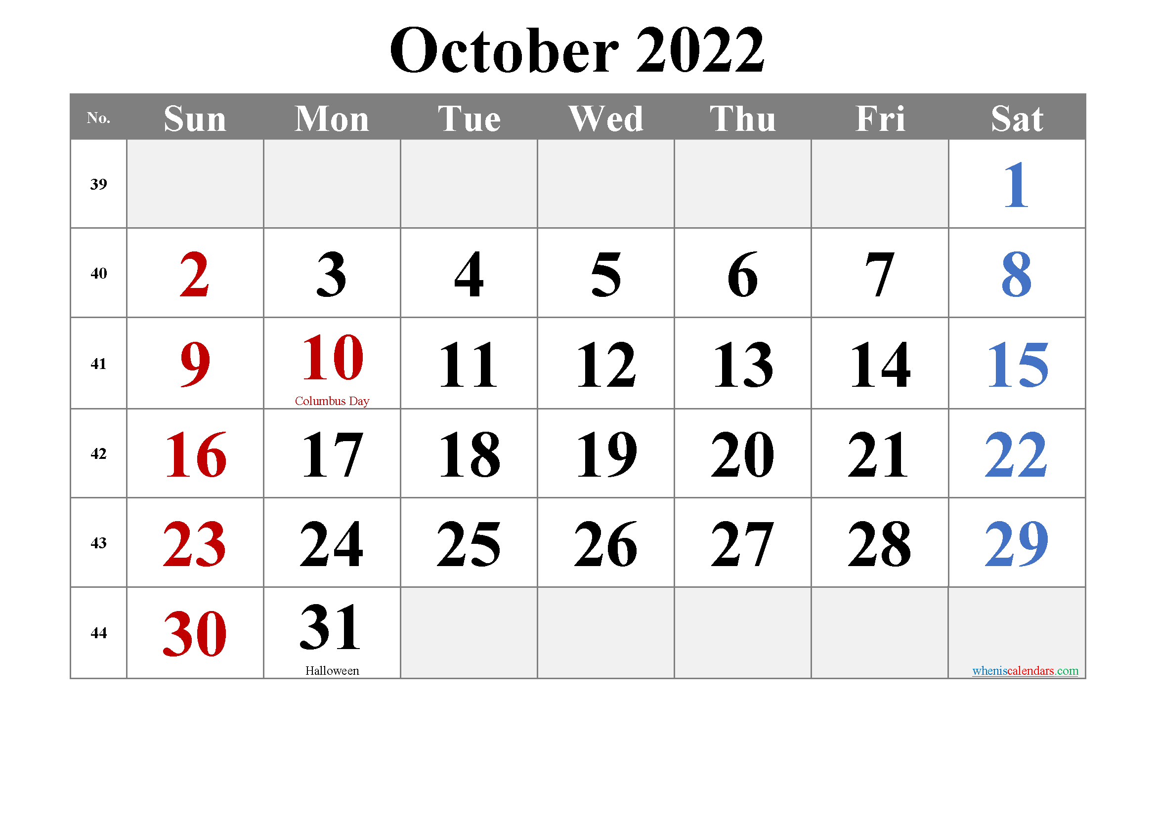 Free Printable October 2022 Calendar With Holidays