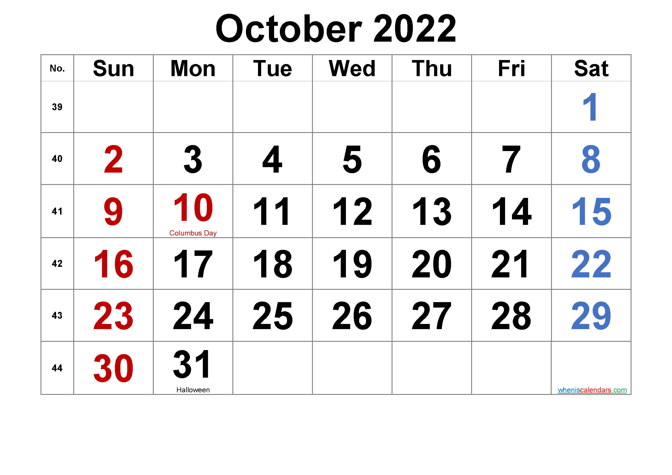 Free Printable October 2022 Calendar