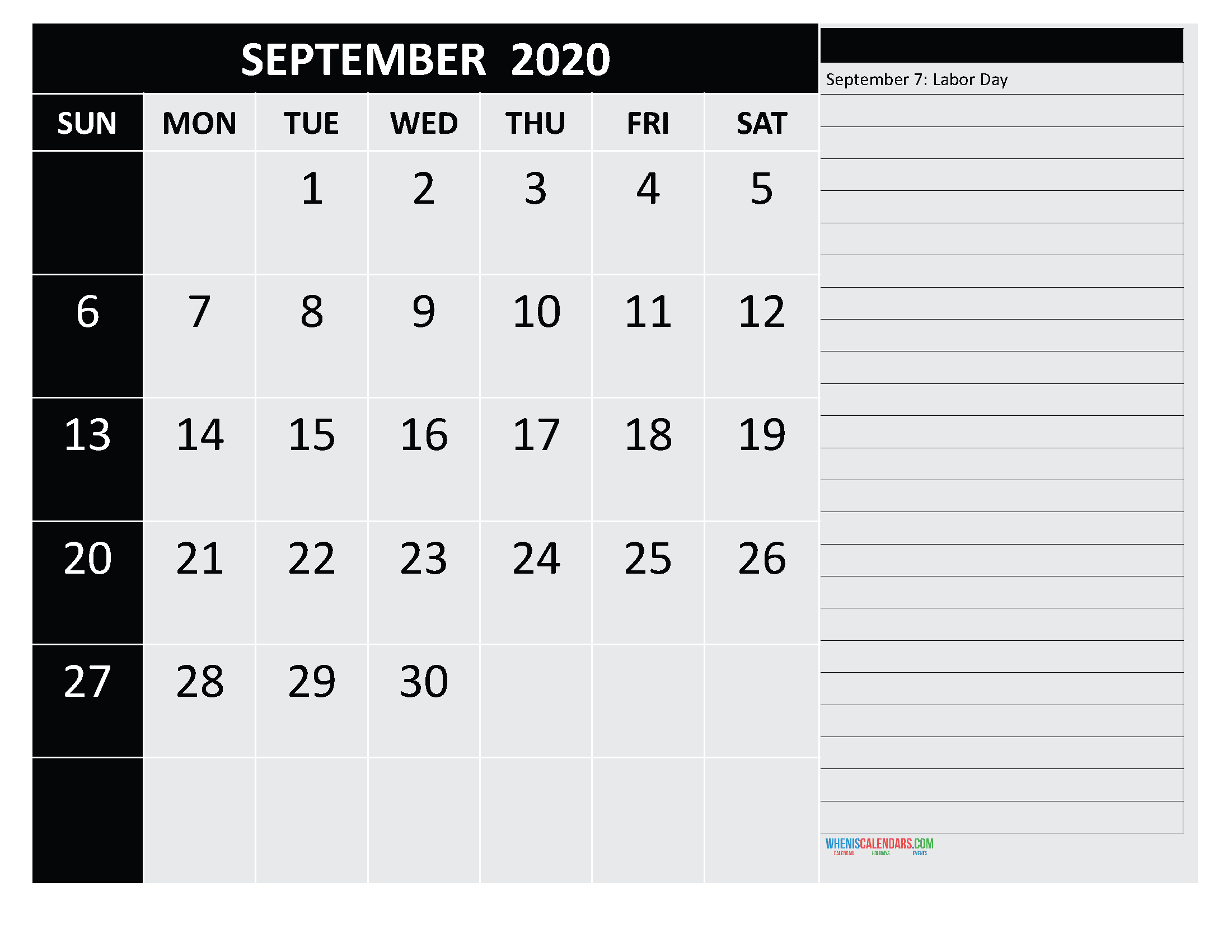 Free Printable September 2020 Calendar With Holidays