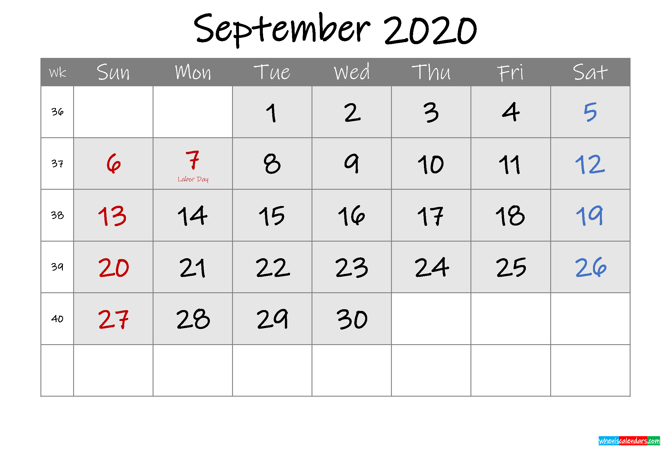 Free Printable September 2020 Calendar With Holidays