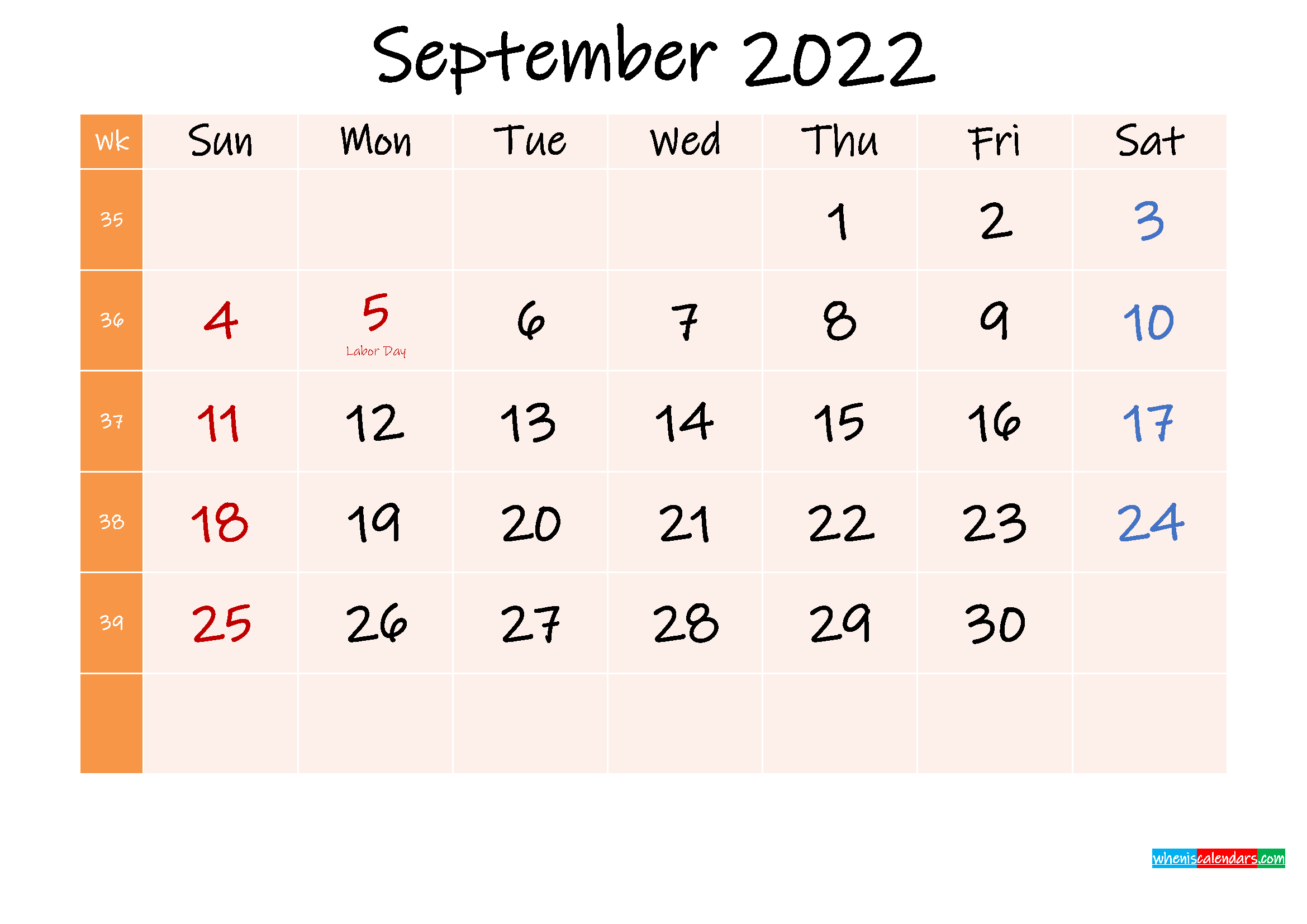 Free Printable September 2022 Calendar With Holidays