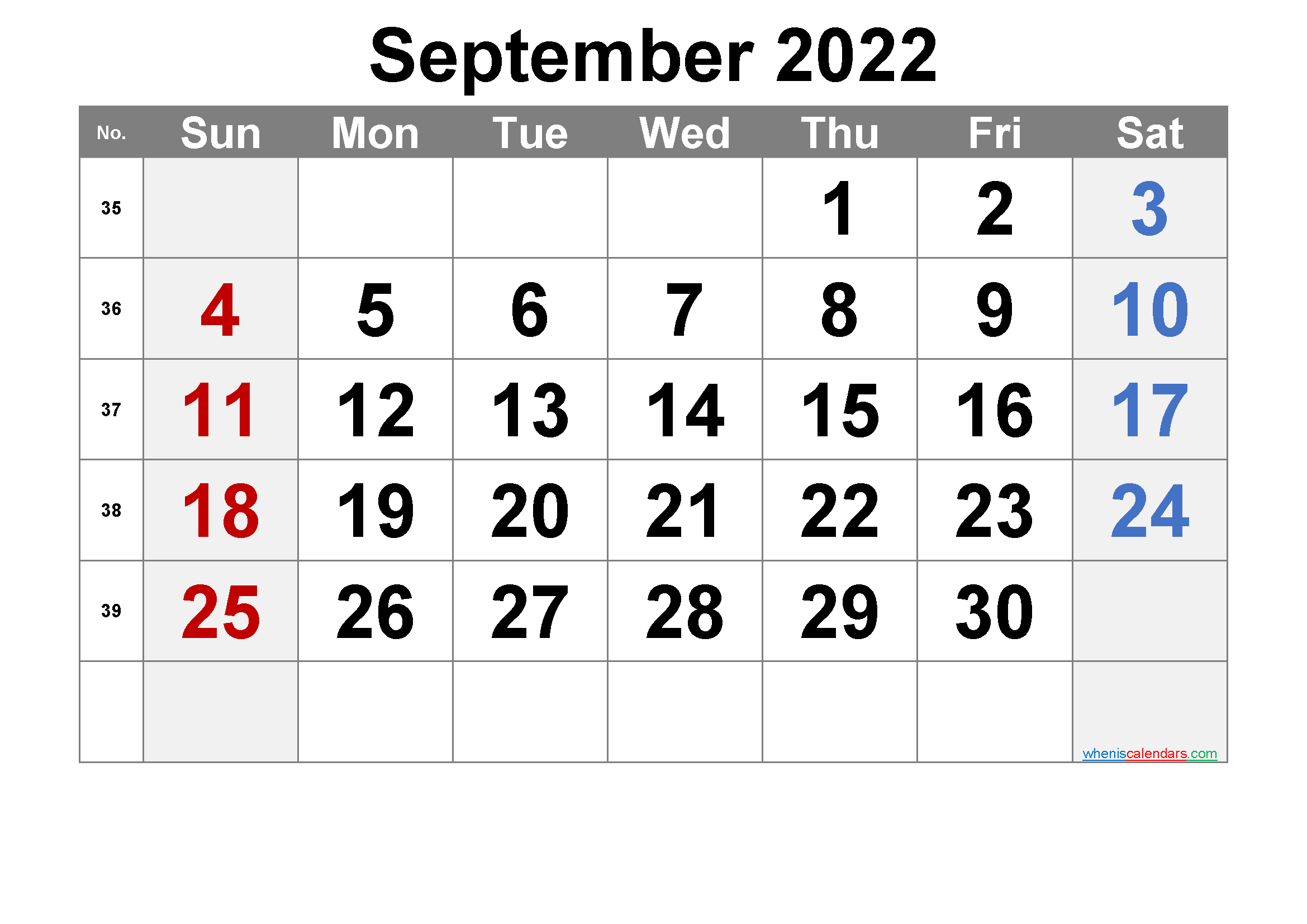 Free September 2022 Calendar With Week Numbers