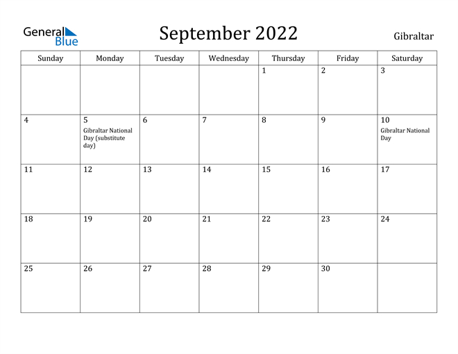 Gibraltar September 2022 Calendar With Holidays
