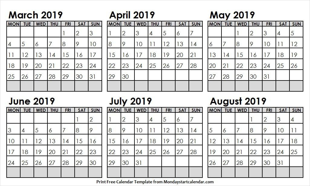 Half Year March August 2019 Calendar | Online Calendar