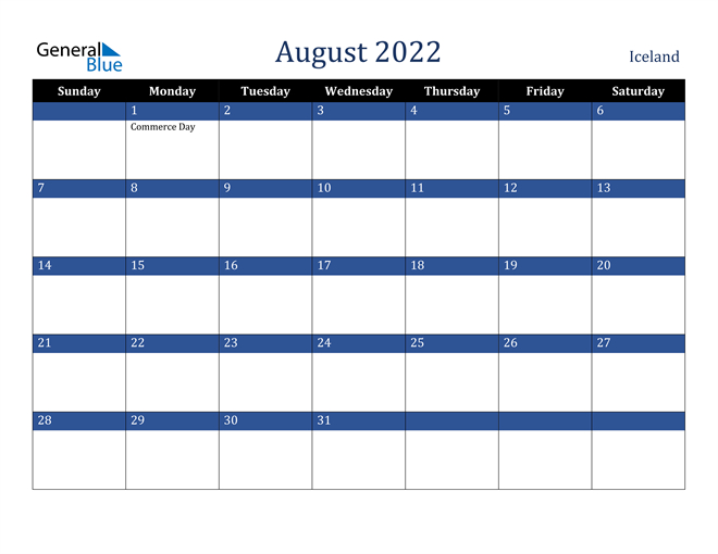 Iceland August 2022 Calendar With Holidays