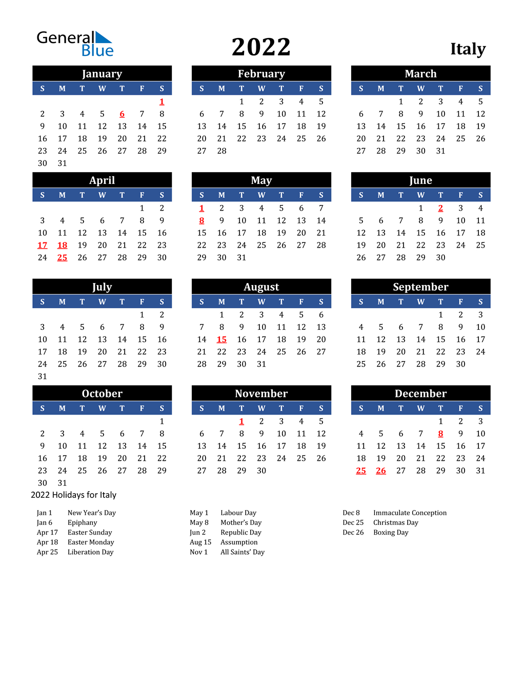 Italian Calendar 2022