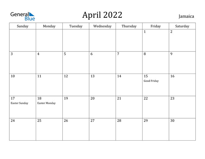 Jamaica April 2022 Calendar With Holidays