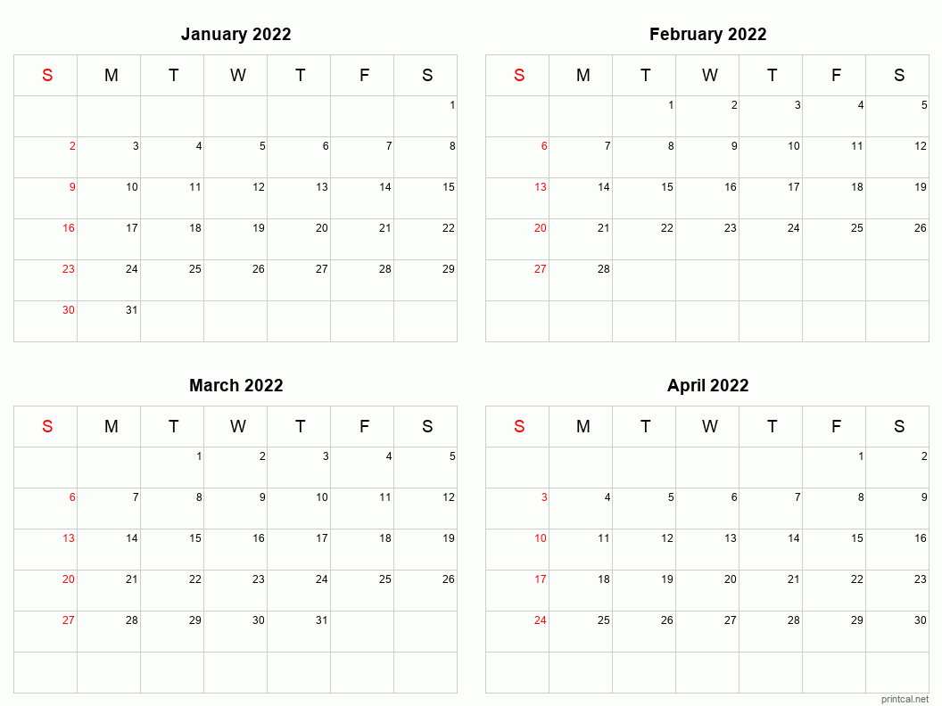 Jan-Apr 2022 Printable Calendar | Four Months Per Page