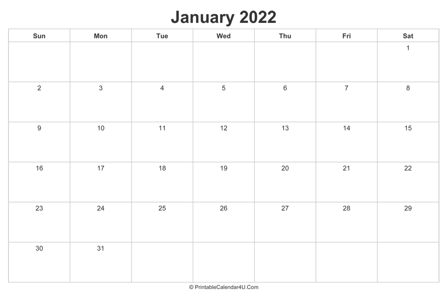 January 2022 Calendar Printable (Landscape Layout)