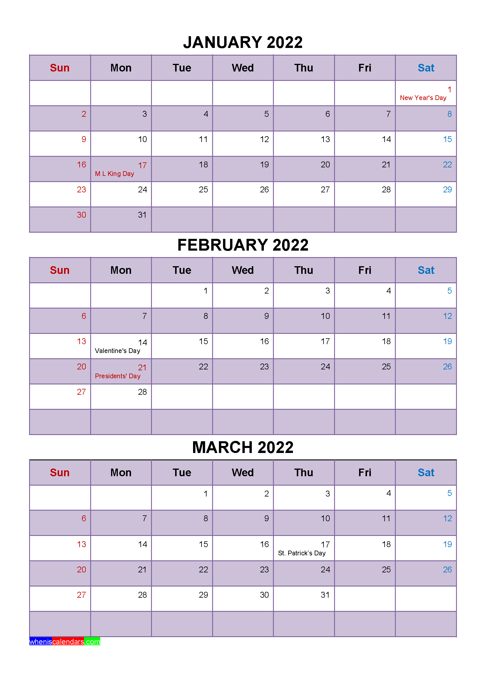 January February March 2022 Calendar With Holidays [Four