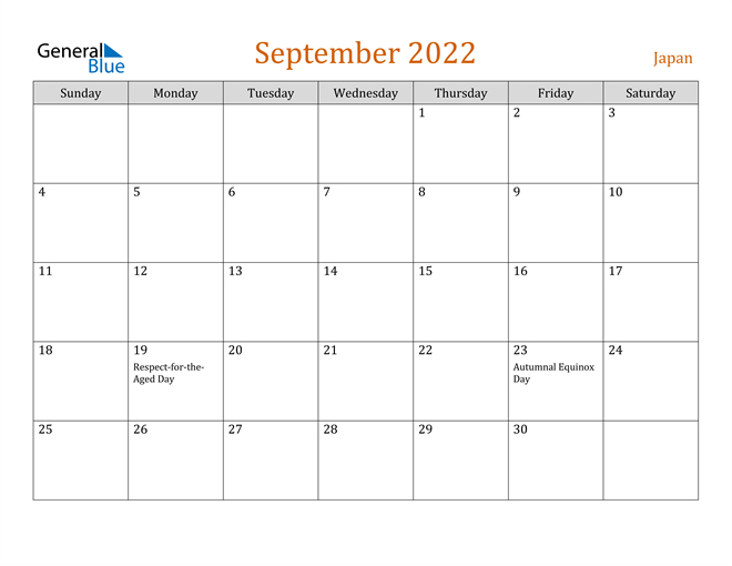 Japan September 2022 Calendar With Holidays