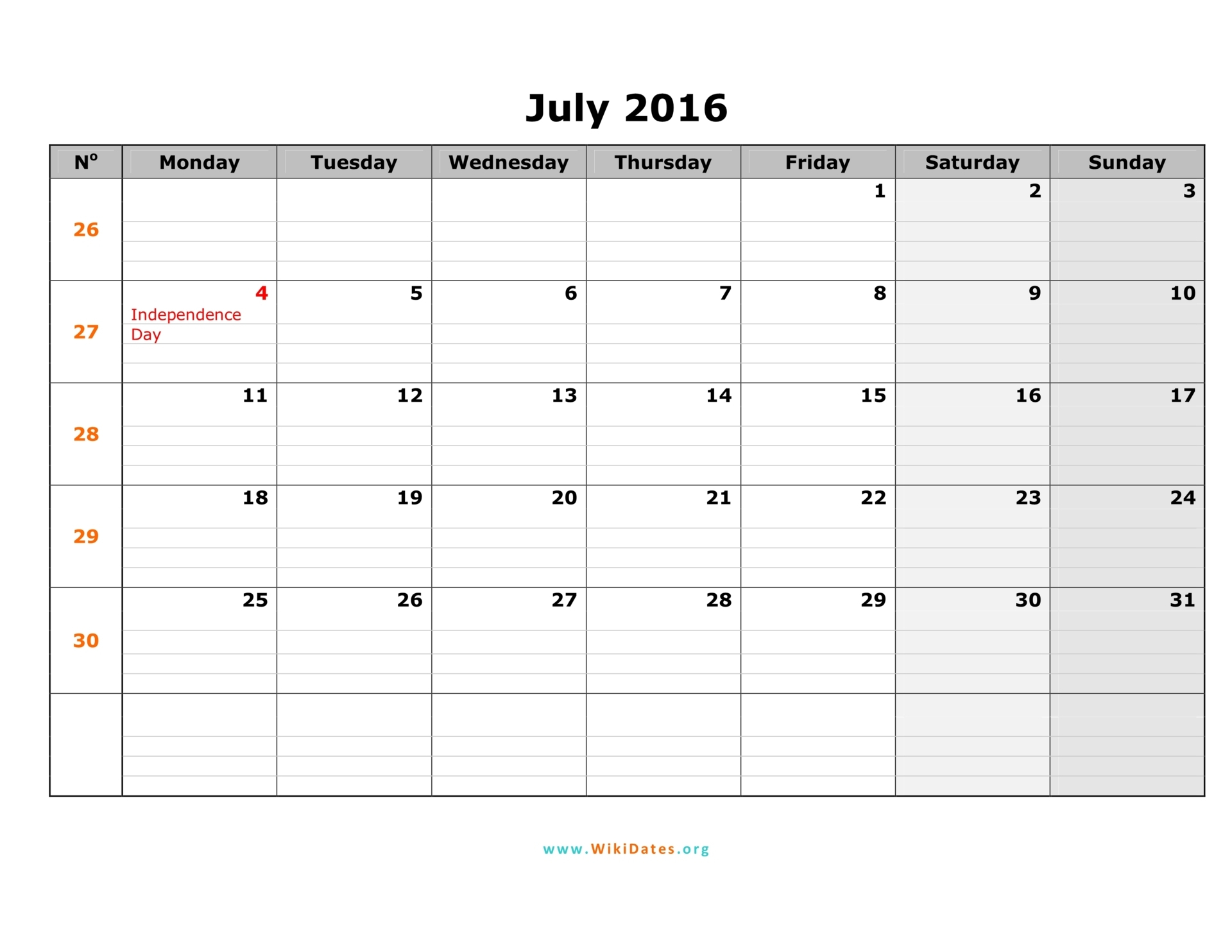 July 2016 Calendar | Wikidates