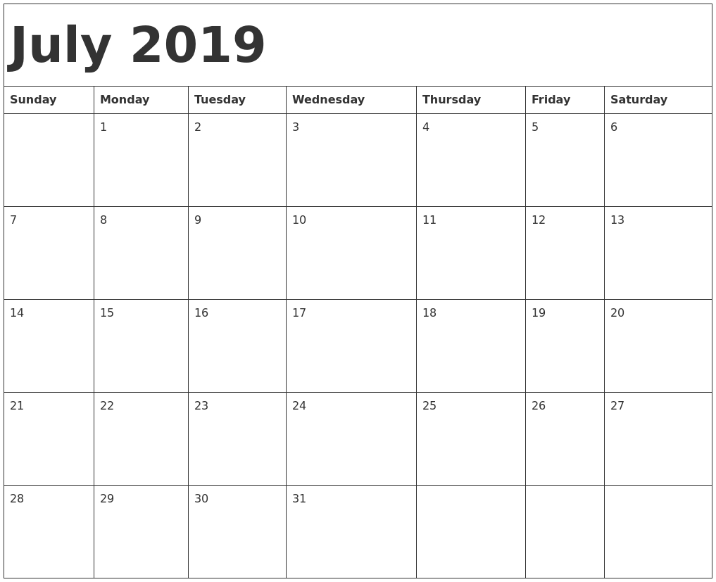 July 2019 Calendar Template