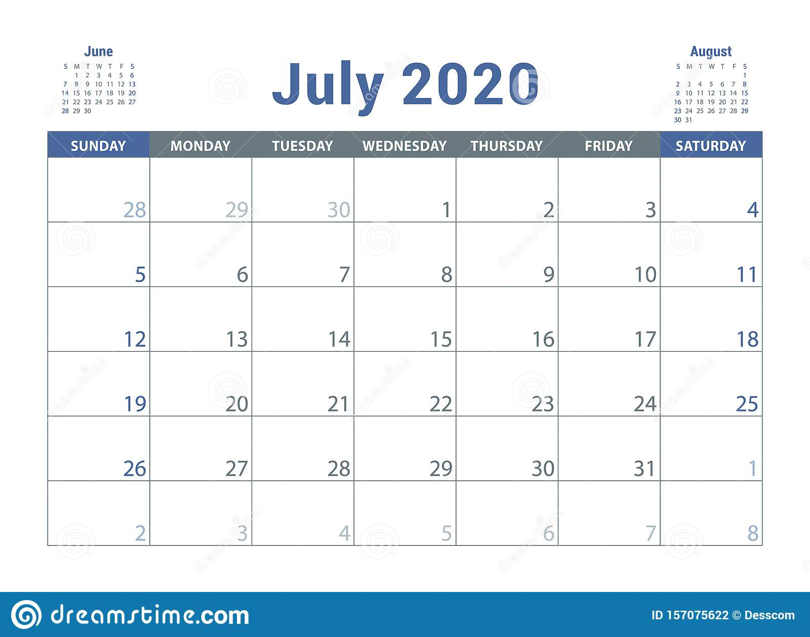 July 2020 Calendar. English Planner. Сolor Vector Template