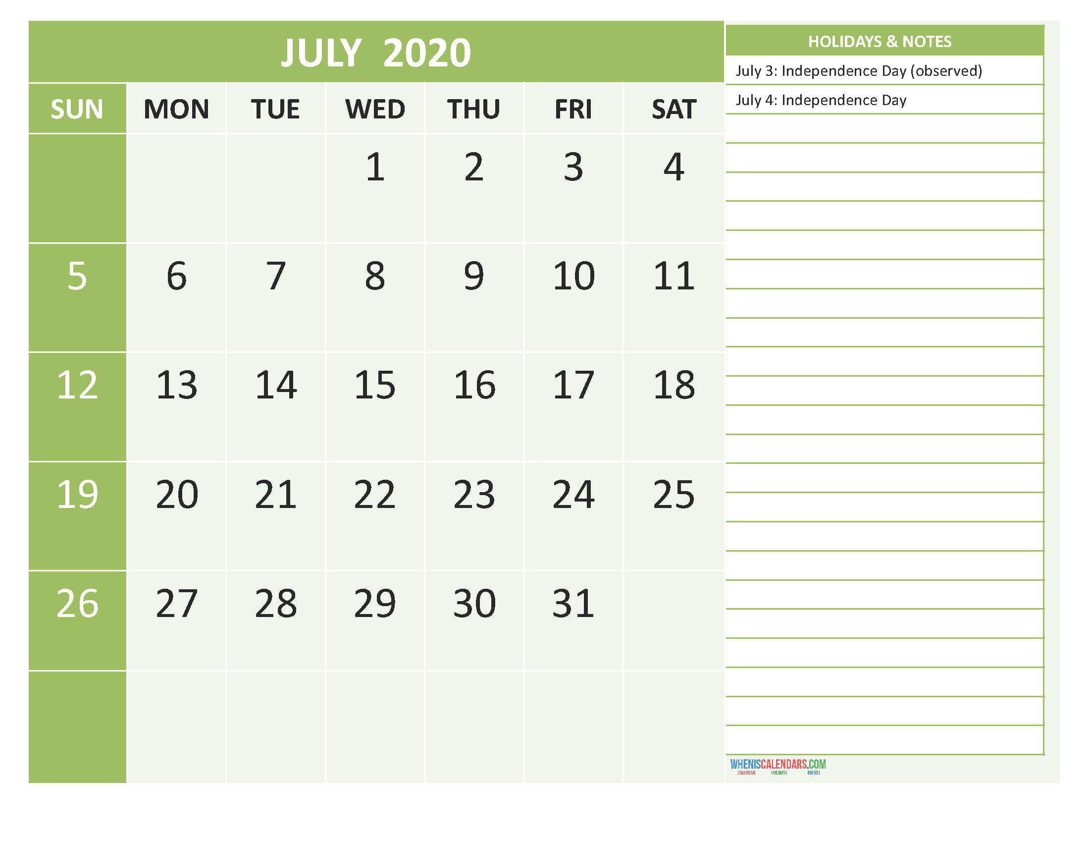 July 2020 Calendar With Holidays Free Printable