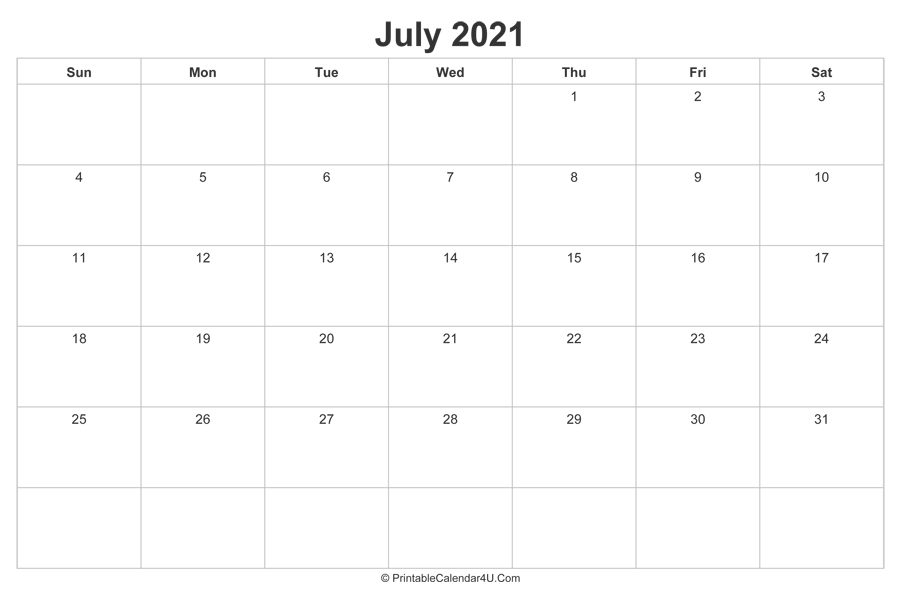 July 2021 Calendar Printable (Landscape Layout)