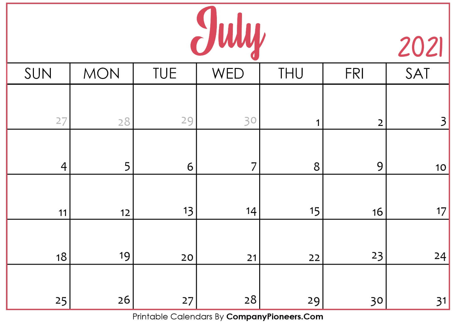 July 2021 Calendar Printable - Printable 2020 Calendars