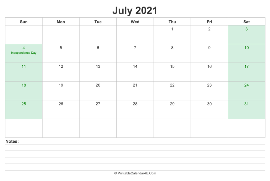 July 2021 Calendar With Us Holidays And Notes (Landscape