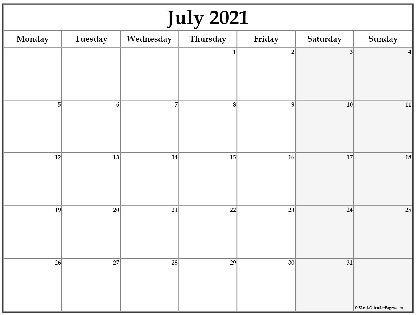 July 2021 Monday Calendar | Monday To Sunday