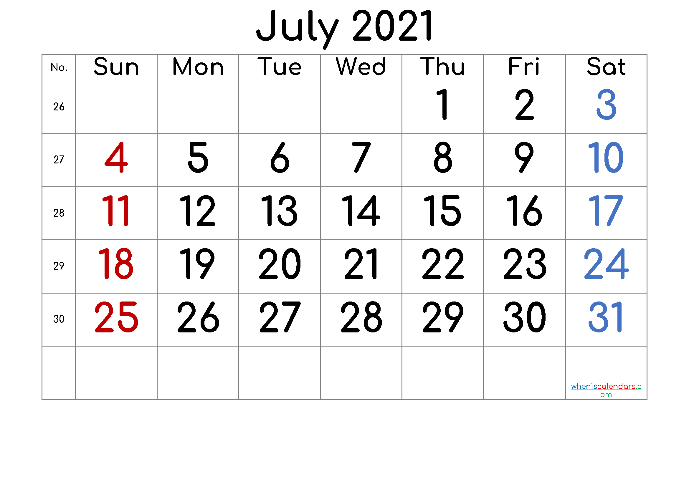 July 2021 Printable Calendar - 6 Templates