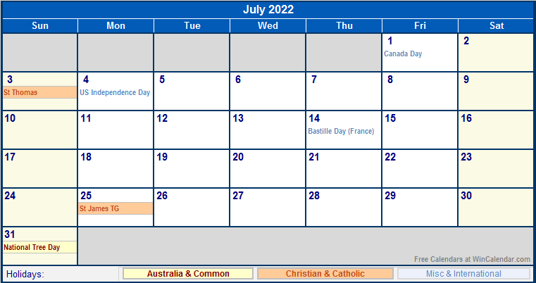 July 2022 Australia Calendar With Holidays For Printing