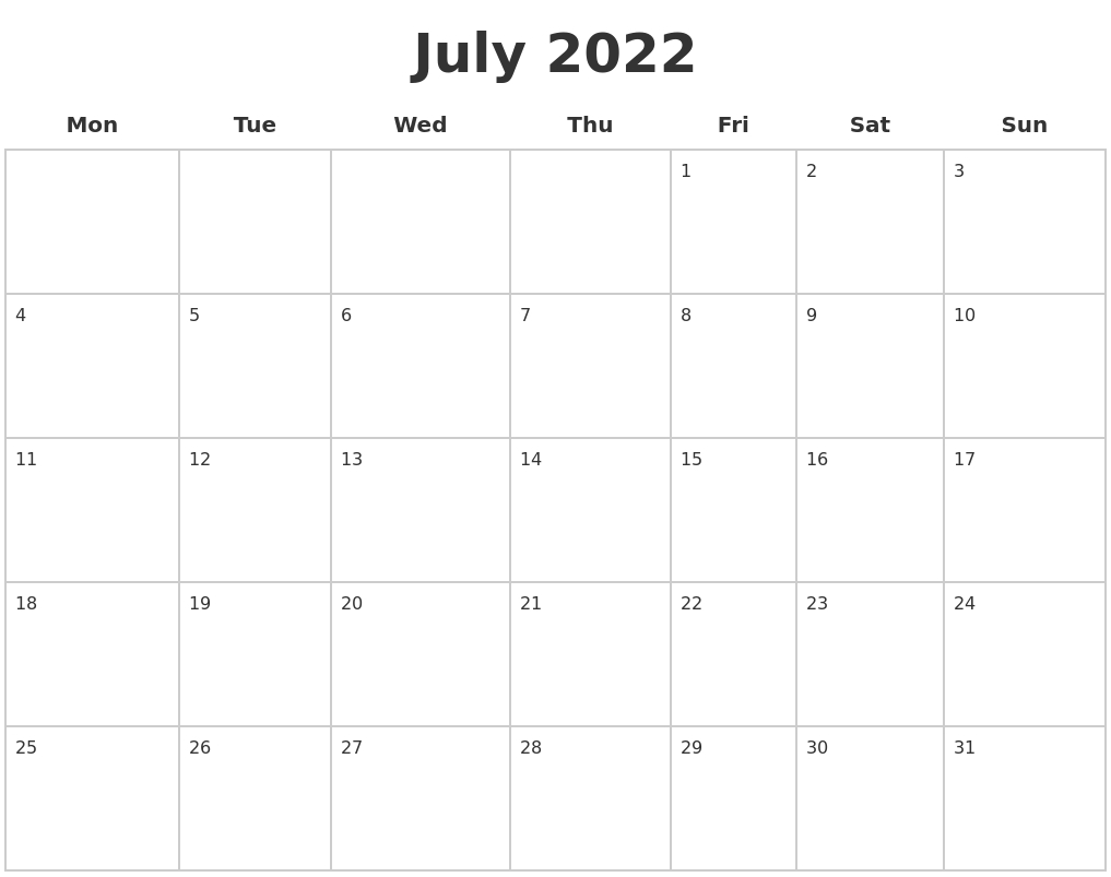 July 2022 Blank Calendar Pages