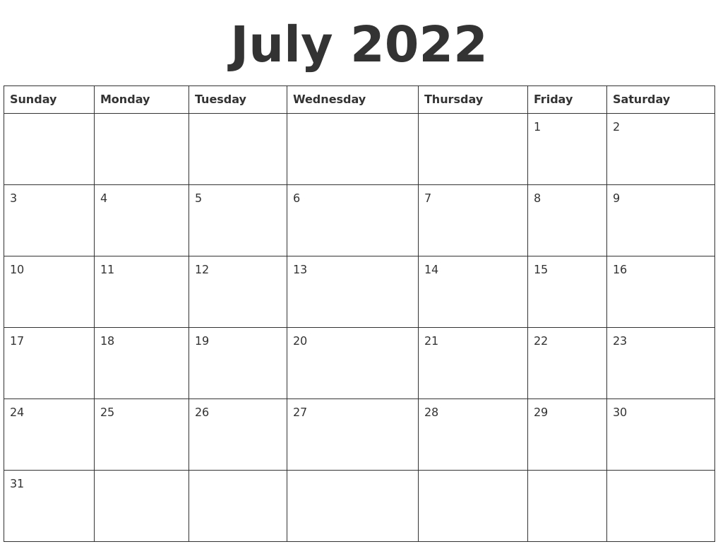 July 2022 Blank Calendar Template