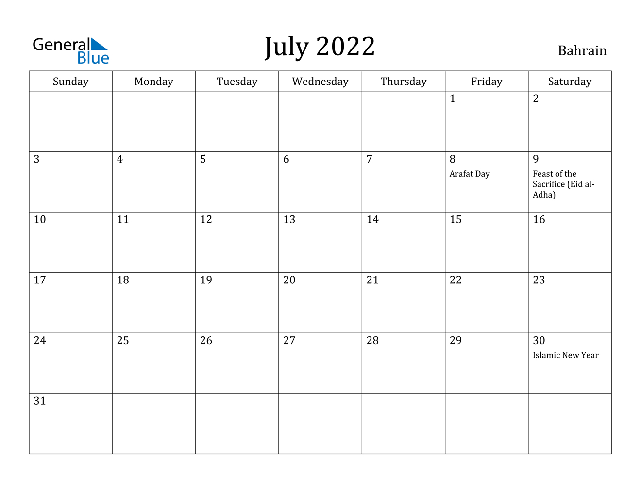 July 2022 Calendar - Bahrain