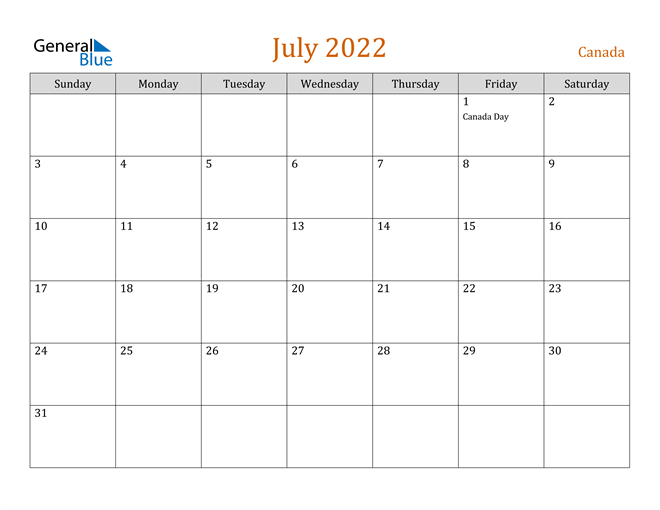 July 2022 Calendar - Canada