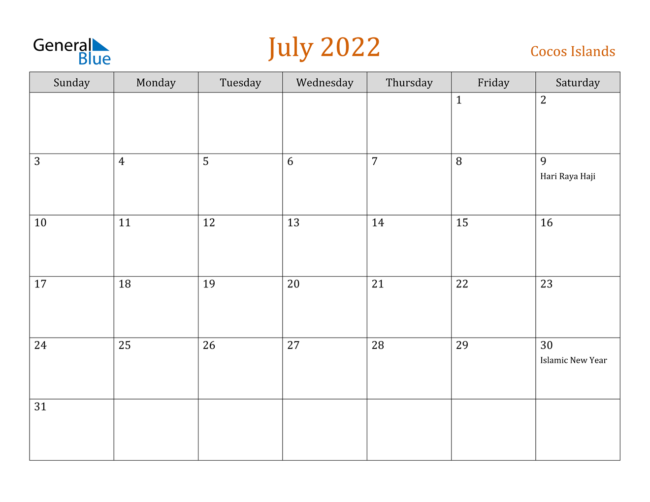 July 2022 Calendar - Cocos Islands