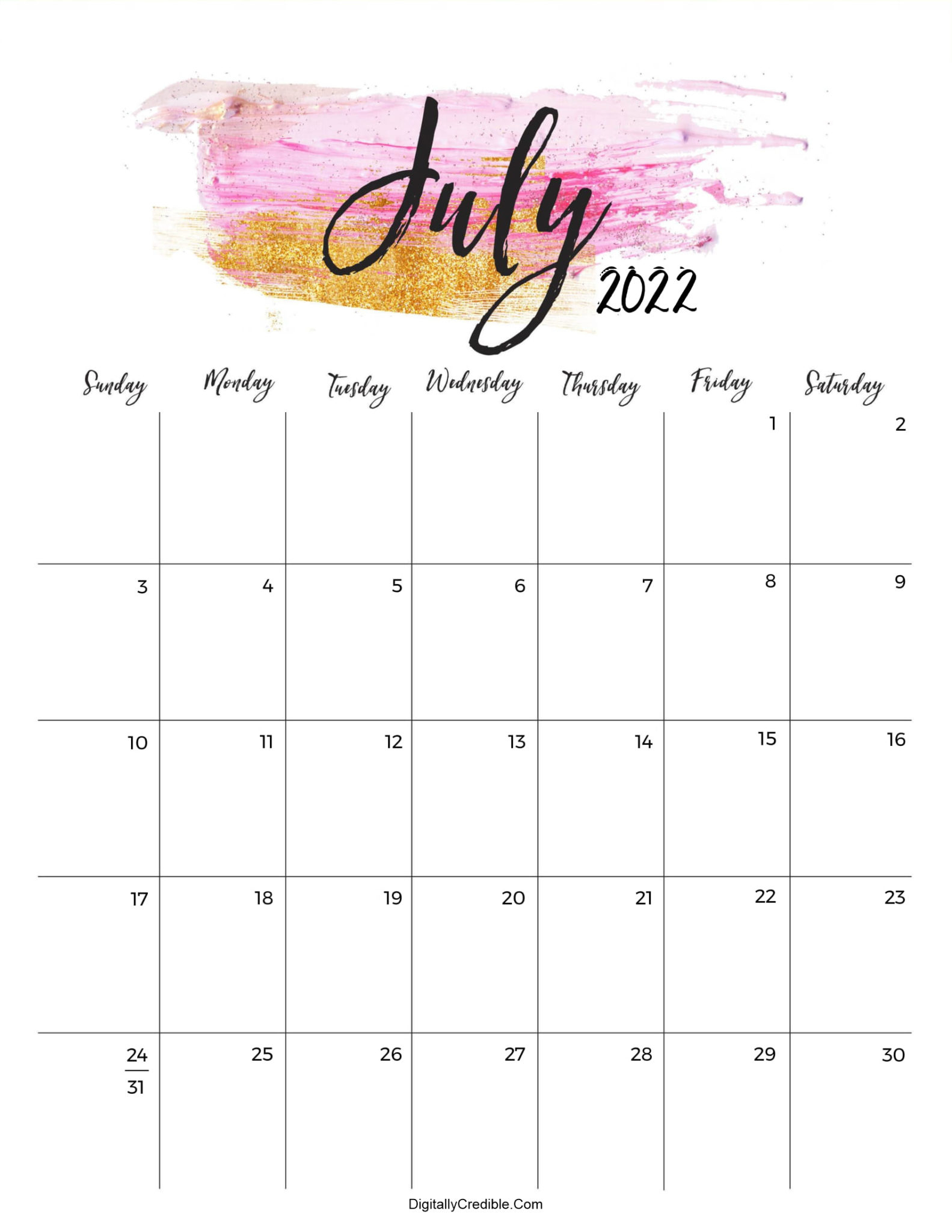 July 2022 Calendar Cute &amp; Floral Templates