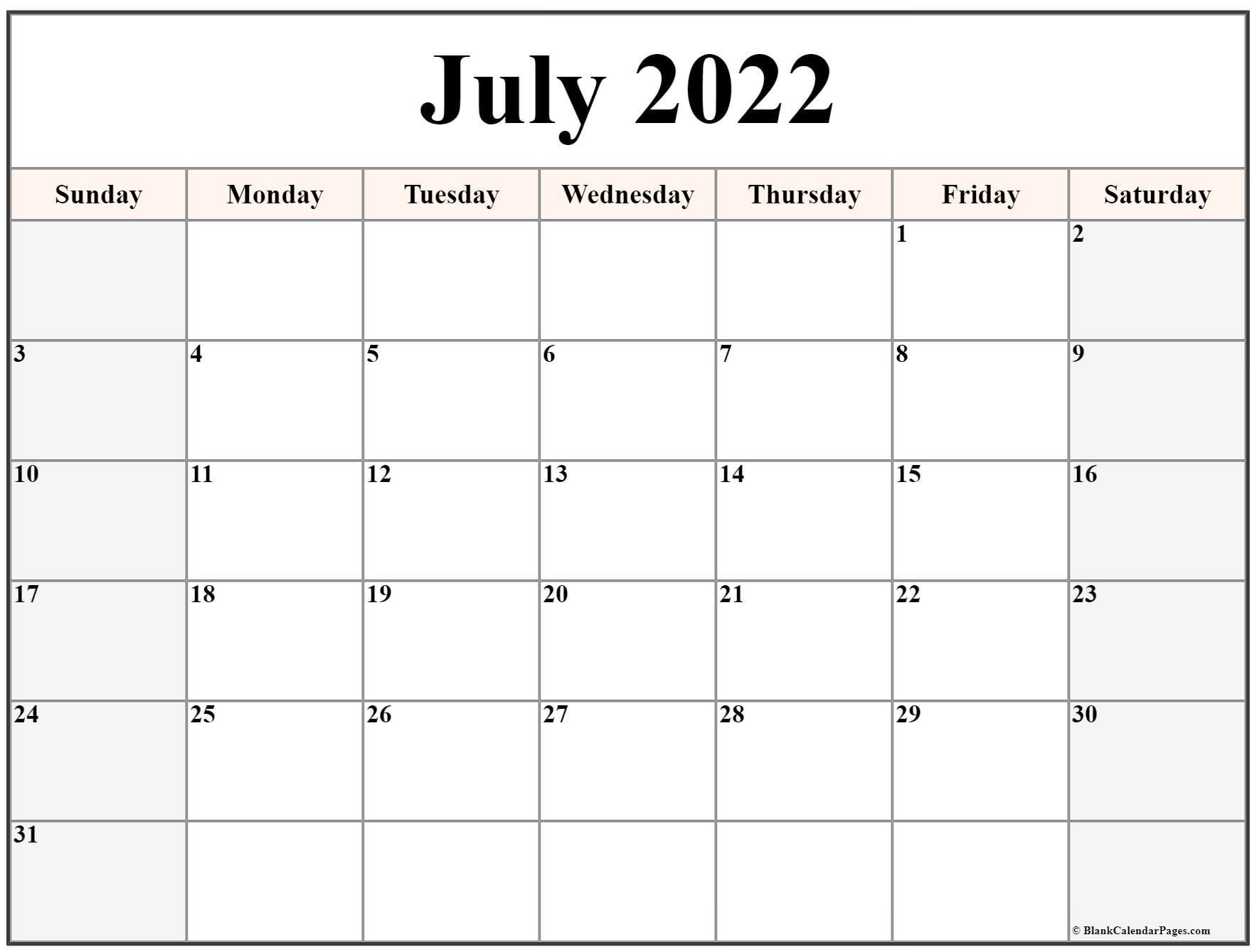 July 2022 Calendar | Free Printable Calendar Templates