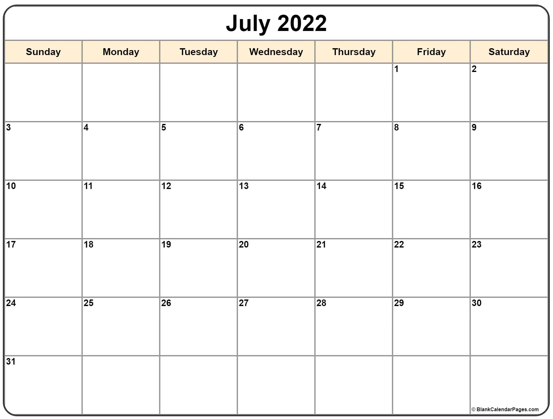 July 2022 Calendar | Free Printable Monthly Calendars