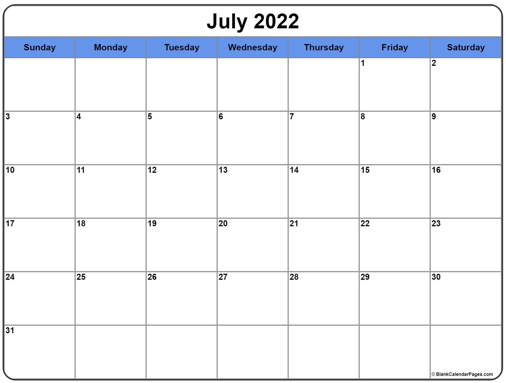 July 2022 Calendar | Free Printable Monthly Calendars