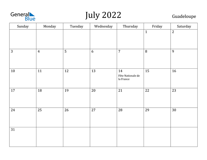 July 2022 Calendar - Guadeloupe