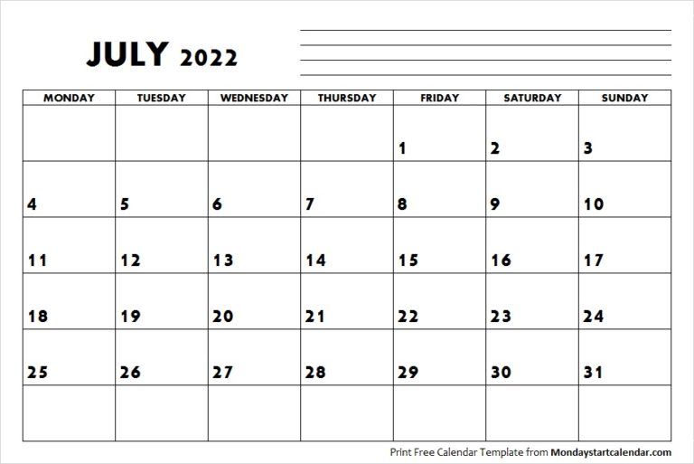 July 2022 Calendar Monday Start | July Month Template