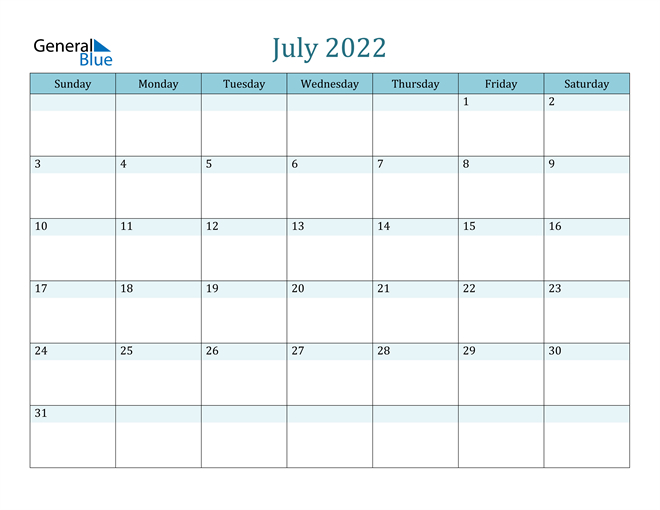 July 2022 Calendar - Pdf Word Excel